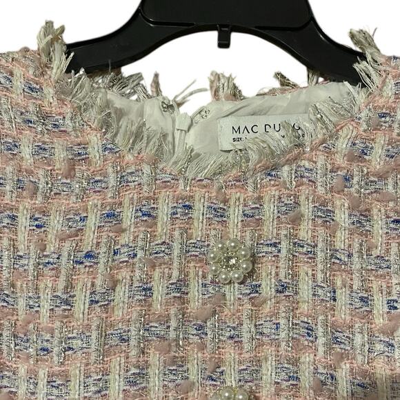 Mac Duggal Medium Pink Boucle Cap Sleeve Floral Button Detail Shift Dress NEW - Picture 6 of 13